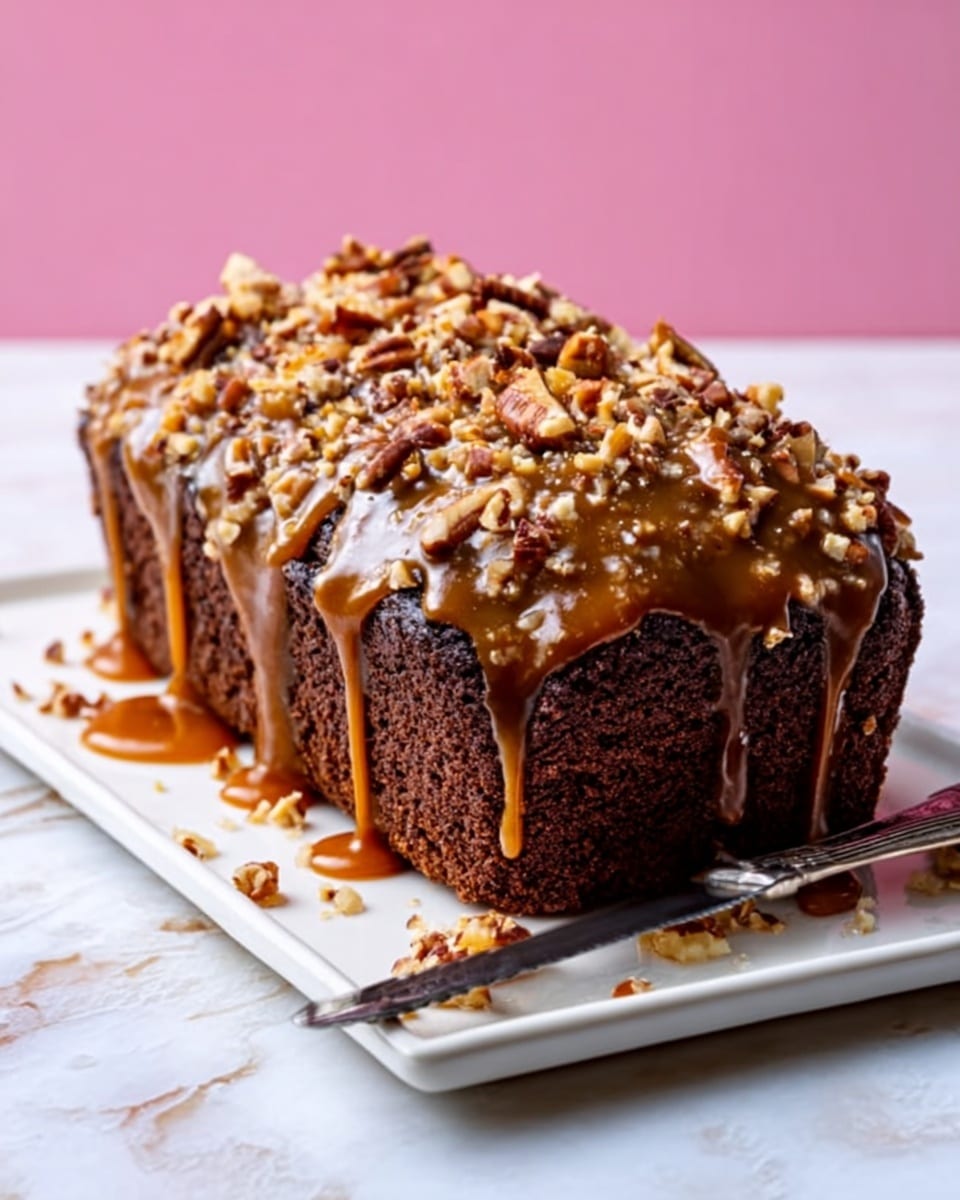 A small loaf of dark brown cake sits on a white square plate with a gold knife beside it. The cake is topped with a thick, shiny layer of golden caramel sauce that drips down the sides. On top of the caramel sauce, there is a layer of chopped light brown nuts scattered evenly. The background is a white marbled texture with a pink wall behind. Photo taken with an iphone --ar 4:5 --v 7
