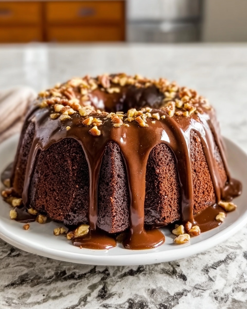 A tall chocolate bundt cake sits on a white plate, covered in thick, shiny chocolate glaze that drips down the sides. On top, there are crushed nuts and small chocolate pieces scattered evenly, adding texture. The cake itself looks moist and rich, with a dark brown color peeking through where the glaze is thinner. The plate is placed on a white marbled textured counter, and the background shows a blurred kitchen setting. photo taken with an iphone --ar 4:5 --v 7