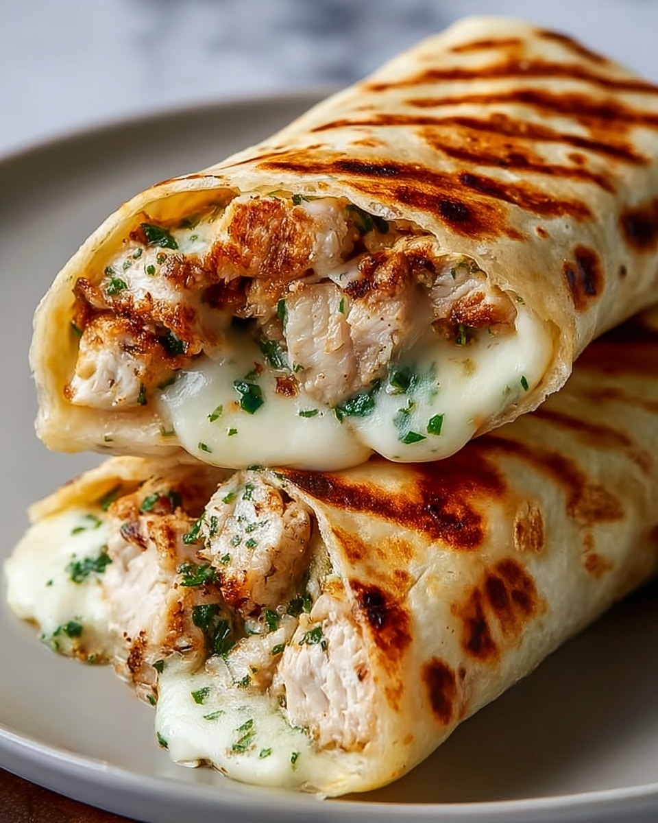 Two grilled chicken and cheese wraps are stacked on a white plate, each wrap showing layers inside. The outer layer is a golden-brown toasted tortilla with char marks. Inside, there are thick chunks of juicy, browned chicken mixed with melted white cheese that stretches out, dotted with green herbs. The cheese looks gooey and creamy, blending with the herbs and chicken for a rich texture. The white plate sits on a white marbled surface, giving a clean, fresh look. photo taken with an iphone --ar 4:5 --v 7