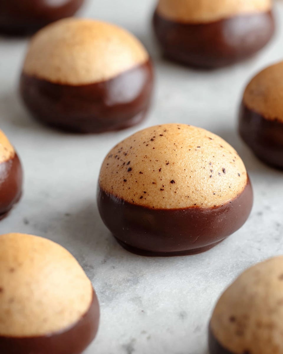 The image shows round, two-layered treats arranged on a white marbled surface. Each treat has a top dome layer that is smooth and light golden-brown in color with a slightly soft texture. The bottom half is coated with a dark, glossy chocolate layer that covers the base between the treat and the surface. The boundary between the light top and dark chocolate bottom is clean and slightly curved, creating a half-dipped look. Photo taken with an iphone --ar 4:5 --v 7