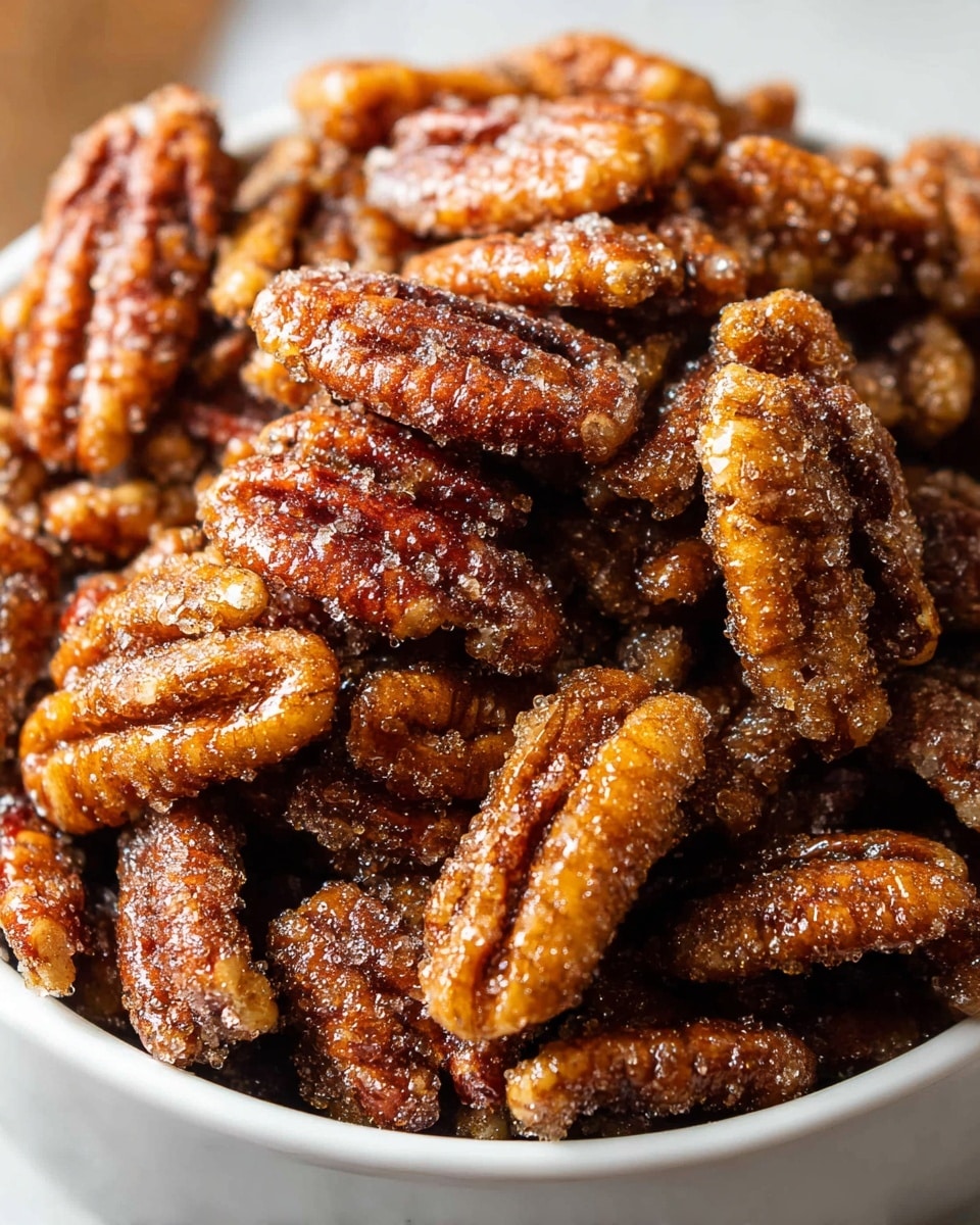 A close-up view of a white bowl filled with glazed pecans coated in coarse brown sugar crystals, showing a crunchy texture with ridged, dark brown nut pieces piled inside the bowl, placed on a white marbled surface. photo taken with an iphone --ar 4:5 --v 7