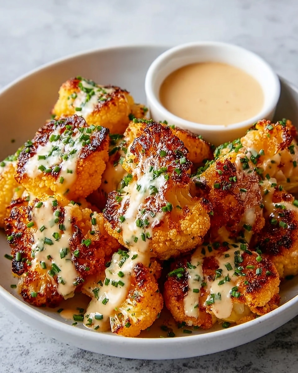 A white bowl filled with crispy golden-brown cauliflower pieces, each piece showing a slightly charred texture with a light drizzle of creamy off-white sauce on top, sprinkled with finely chopped green herbs. The cauliflower pieces are piled high, and in the top right corner of the bowl, there is a small section of smooth, light beige dipping sauce. The bowl is set on a white marbled surface. photo taken with an iphone --ar 4:5 --v 7