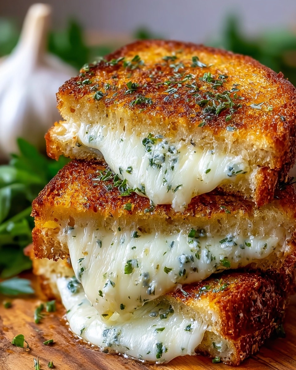 A close-up view of a grilled cheese sandwich stacked in two halves showing three main layers: the top and bottom layers are thick slices of golden brown toasted bread with a crispy texture sprinkled with green herbs, while the middle layer is melted white cheese oozing out with herbs mixed in, creating a gooey and stretchy look. The sandwich sits on a wooden surface with a blurred garlic bulb and green leaves in the background. The colors are warm and appetizing, highlighting the contrast between the toasted bread and creamy cheese. Photo taken with an iphone --ar 4:5 --v 7