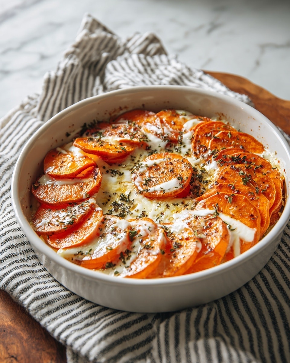The dish is a round baked sweet potato casserole in a white scalloped ceramic dish. The bottom layer consists of sliced sweet potatoes with a rich orange color, arranged neatly to cover the entire base. On top of this layer, there is a creamy white sauce drizzled unevenly, adding a smooth texture contrast. Small green herb bits are sprinkled over the dish along with specks of black pepper or seasoning. The dish sits on a folded blue and white cloth on a white marbled texture surface, with a wooden spoon and bowl of brown sugar nearby. Photo taken with an iphone --ar 4:5 --v 7