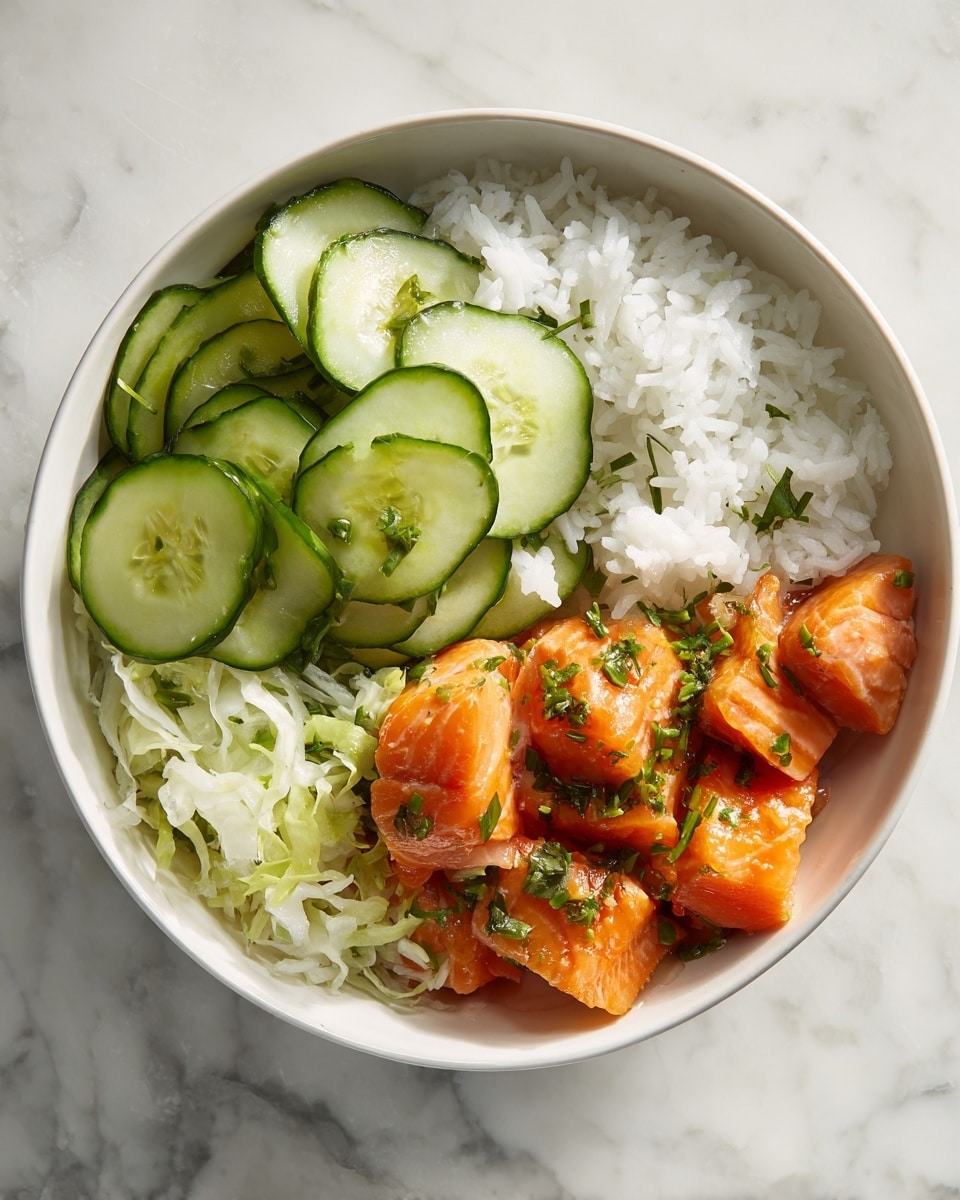 The image shows a white bowl filled with three distinct layers of food arranged side by side. On the left side, there is a large portion of white rice with small bits of green herbs mixed throughout. In the center, tender pieces of orange glazed chicken are placed on top of the rice, featuring a slightly shiny texture that hints at a sticky sauce. On the right side of the bowl, thin slices of fresh cucumber with green edges and pale interiors are neatly stacked, slightly overlapping each other. The bowl rests on a white marbled surface with soft lighting highlighting the different textures. Photo taken with an iphone --ar 4:5 --v 7