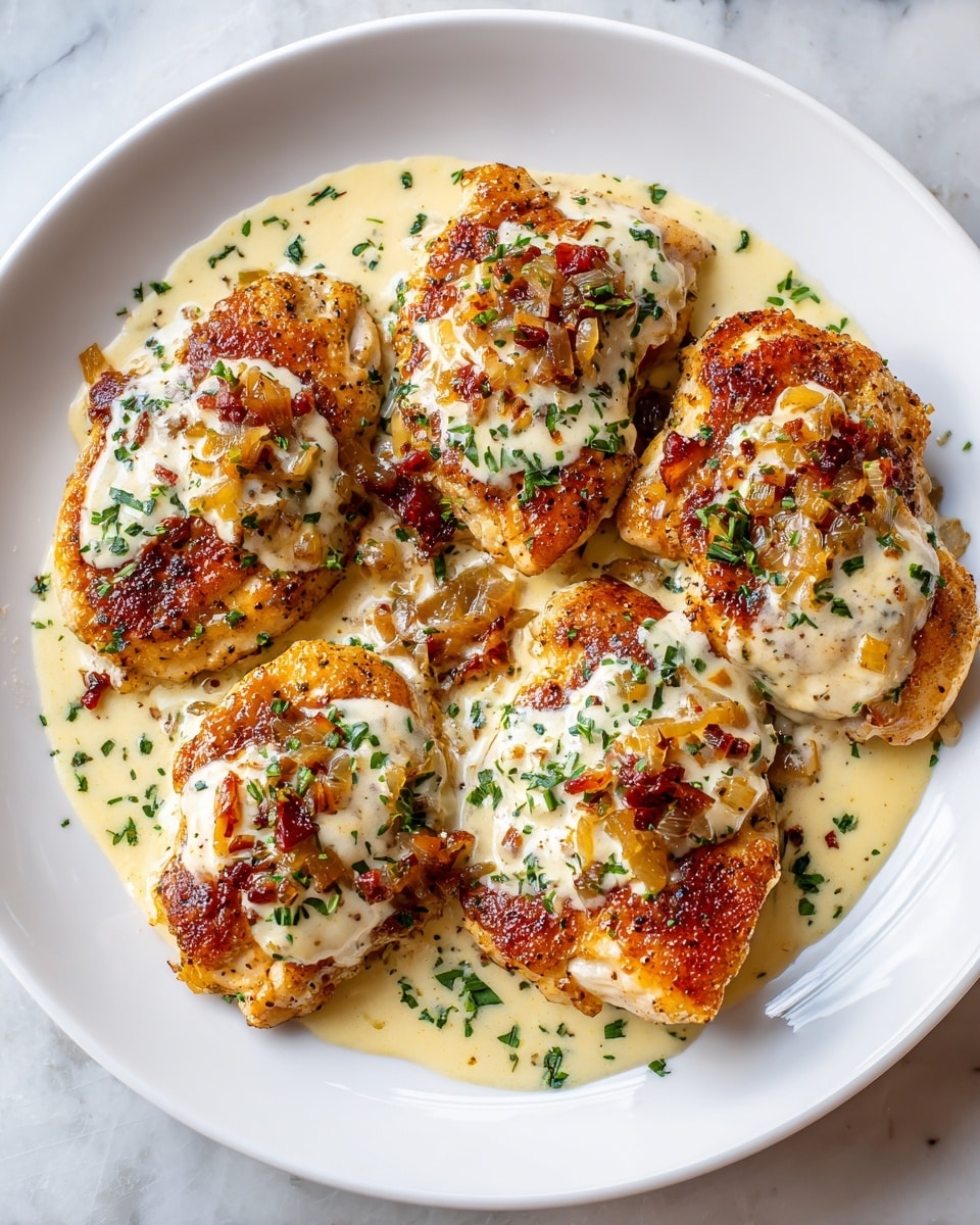 A white plate holds four pieces of golden-brown seared fish fillets topped with creamy white sauce, thin cooked onion strips, and chopped green herbs. The fish pieces have a crispy texture with some darker browned spots. The sauce pools around the fish, adding a smooth, shiny contrasting layer. Small bits of green herbs are scattered over the entire dish and the white marbled surface underneath adds a clean, bright feel to the presentation. photo taken with an iphone --ar 4:5 --v 7