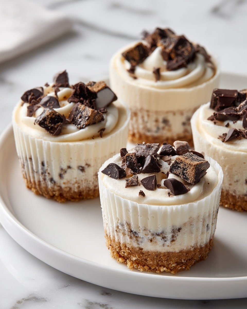 The image shows four small creamy desserts in white paper cups arranged on a white plate, which sits on a white marbled surface. Each dessert has three visible layers: a light brown base with small darker bits, a thick creamy off-white middle layer, and a smooth pale cream top layer. The top is decorated with dark chocolate chips and small chunks scattered unevenly. The texture of the top layer looks soft and fluffy, while the base appears crumbly. One dessert at the front is in focus, showing clear details of the layers and toppings. Photo taken with an iphone --ar 4:5 --v 7