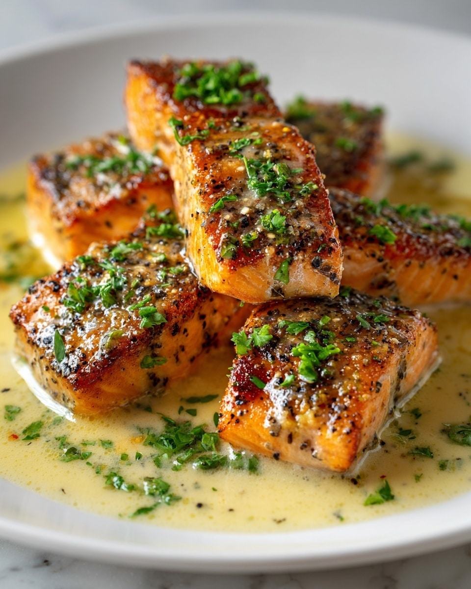 Small, square pieces of cooked salmon with a golden brown and slightly crispy crust are arranged closely together on a smooth white plate. Each piece shows specks of black pepper and is garnished with small, bright green chopped herbs scattered on top and around the salmon. The salmon sits in a light, creamy sauce that pools gently under the fish, adding a shiny texture to the plate. The white marbled surface beneath the plate adds a clean and simple background. photo taken with an iphone --ar 4:5 --v 7