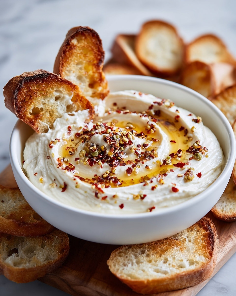 A white bowl filled with creamy white thick yogurt or labneh, swirled smoothly to create a textured top layer with a small well in the center holding golden olive oil. The surface is sprinkled with crushed red chili flakes and small chopped green pistachio pieces, adding specks of red and green across the creamy white base. A toasted slice of baguette with a crispy dark brown edge is partially dipped into the yogurt mix on the left side of the bowl. Around the bowl are several toasted baguette slices with a light golden crust and airy crumb texture. The bowl sits on a wooden board placed on a white marbled surface. Photo taken with an iphone --ar 4:5 --v 7