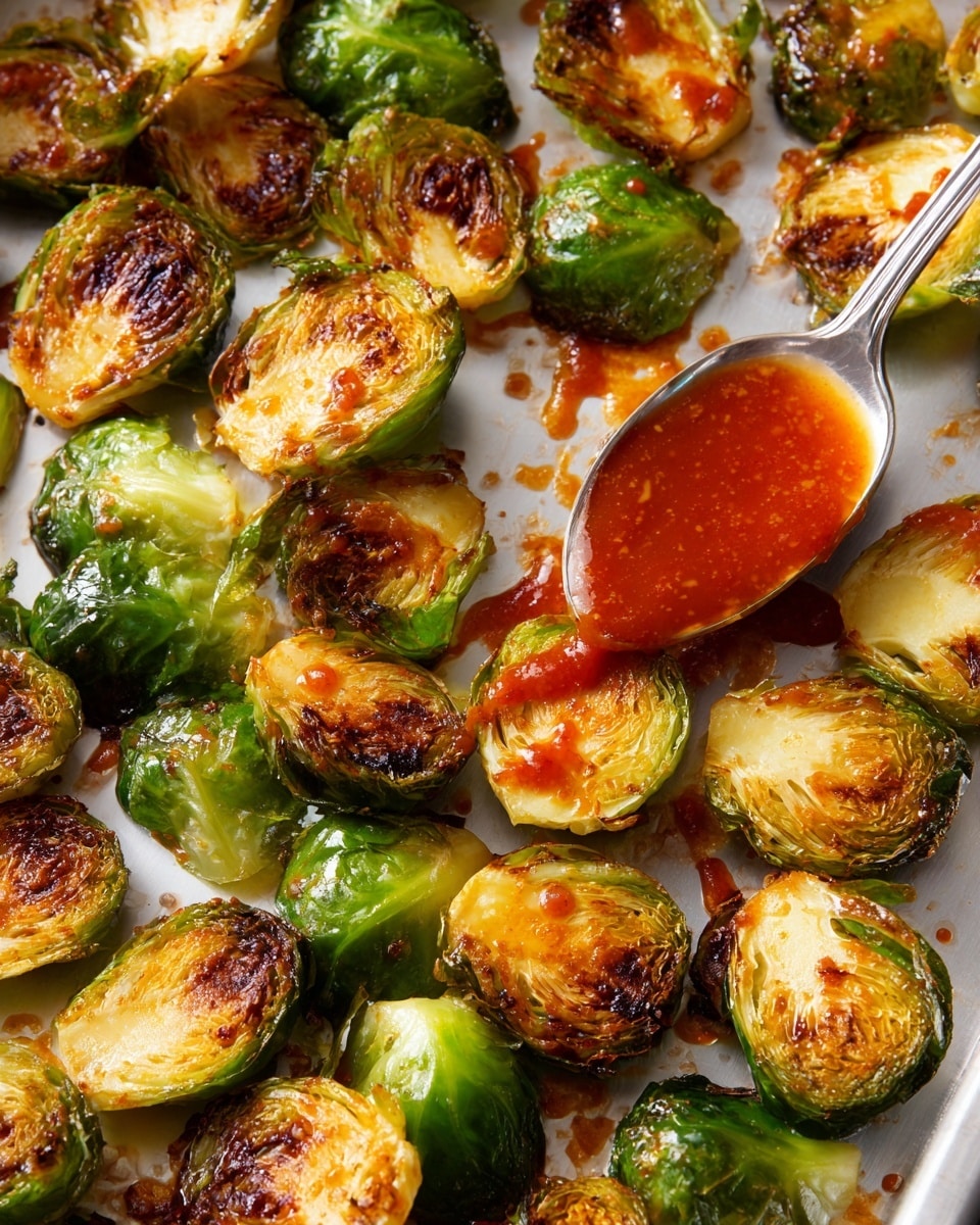 The image shows a close-up view of roasted Brussels sprouts, cut in halves with crispy, browned edges and bright green inner leaves. They are spread unevenly on a light-colored baking sheet, some with caramelized dark spots. A shiny silver spoon rests on the tray, holding thick, glossy red-orange sauce that glistens under the light and appears sticky. The sauce slightly drips onto the Brussels sprouts, giving a shiny, textured look. The background is a white marbled texture. photo taken with an iphone --ar 4:5 --v 7