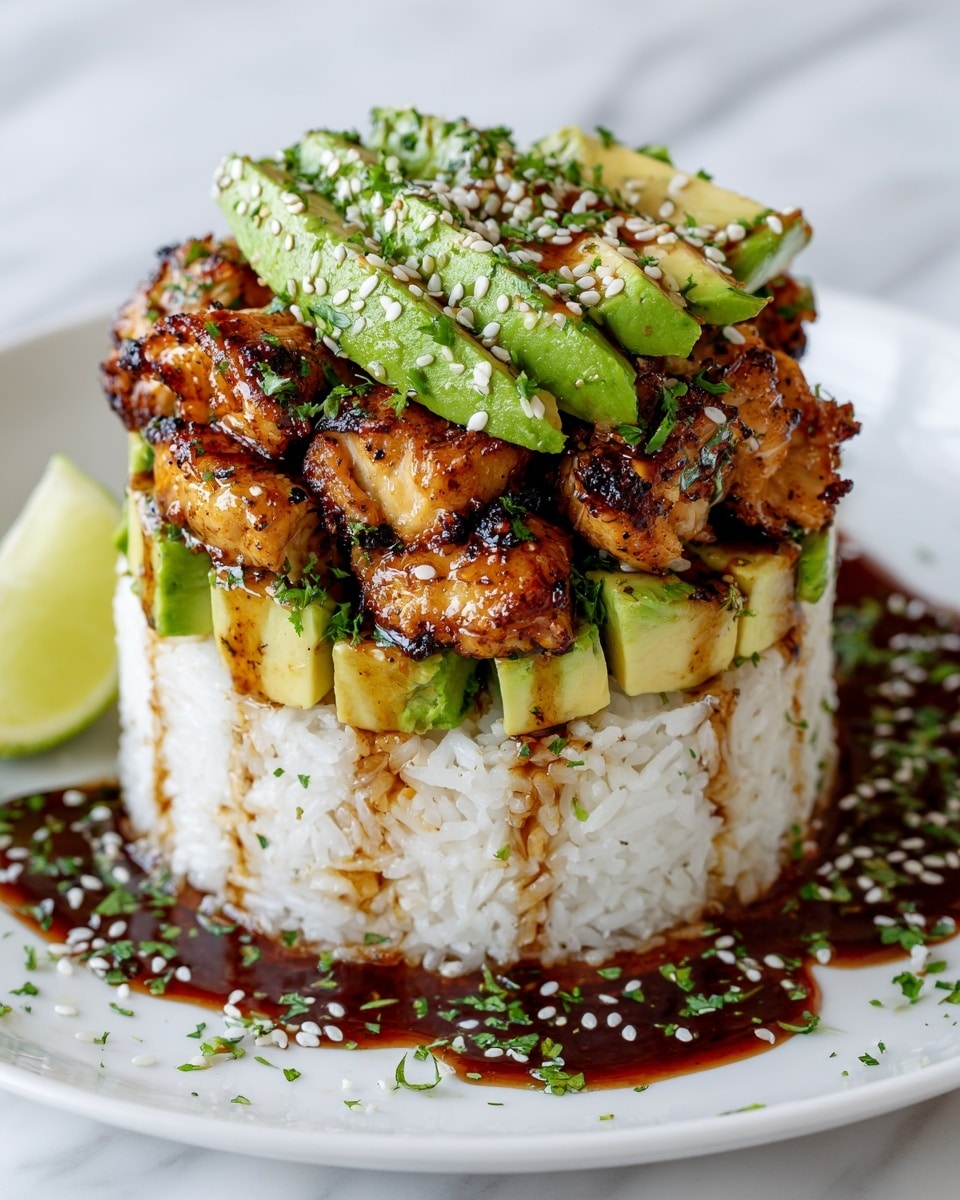 A neat stack featuring three distinct layers sits on a white plate over a white marbled texture. The bottom layer is a cylinder of white rice with a soft, fluffy look. The middle layer consists of bright green avocado chunks mixed evenly with pieces of caramel-browned grilled chicken that show a slightly charred texture. The top layer is a mix of sliced avocado and grilled chicken pieces, sprinkled with chopped green herbs and white sesame seeds, all glazed with a shiny, dark sauce that drips down the sides and pools slightly on the plate. A lime wedge rests beside the stack. photo taken with an iphone --ar 4:5 --v 7