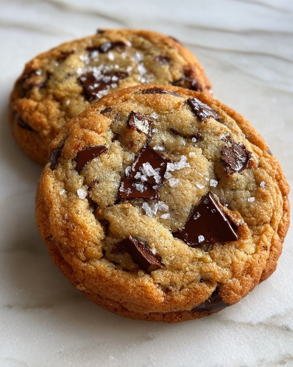 The image shows three soft, thick chocolate chip cookies stacked closely together on a white marbled surface. Each cookie has a golden-brown base with cracks and textures that reveal a chewy interior. Melted dark chocolate pieces are widely scattered on top, some slightly melted into the cookie dough. A few small grains of sea salt sit on the top layer, adding a contrast of white specks against the rich cookie color. The cookies look warm and fresh, with slight crisp edges and a soft center visible in the texture. Photo taken with an iphone --ar 4:5 --v 7