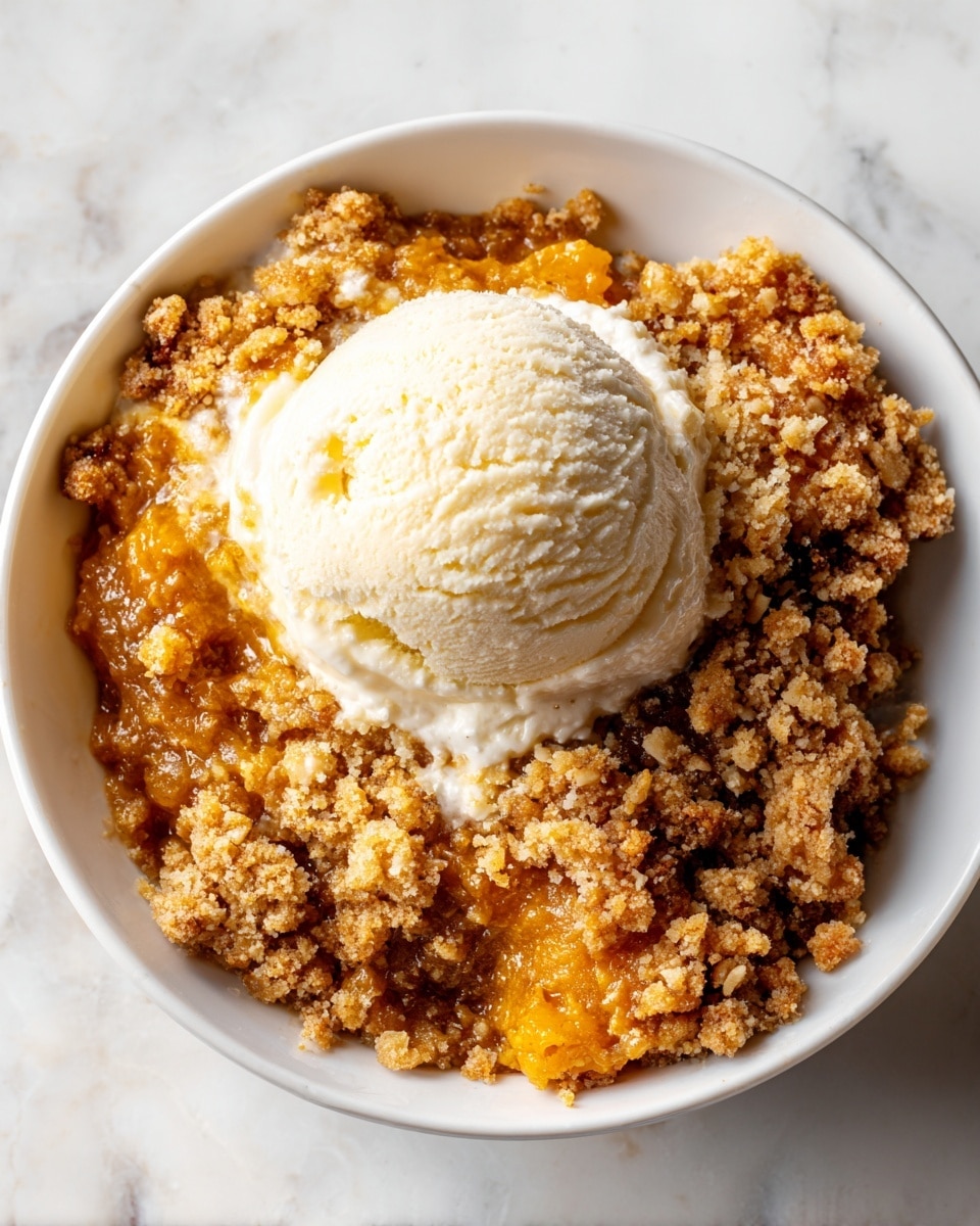 The image shows a close-up of a dessert served in a white bowl, placed on a white marbled surface. The dish has two layers: the bottom layer is a crumbly, golden-brown baked mixture with a coarse texture, likely a fruit crumble or crisp. On top of this warm, textured base rests a single scoop of creamy, pale vanilla ice cream, which is smooth and softly melting slightly over the crumbly layer, adding a cool contrast to the warm base. Photo taken with an iphone --ar 4:5 --v 7