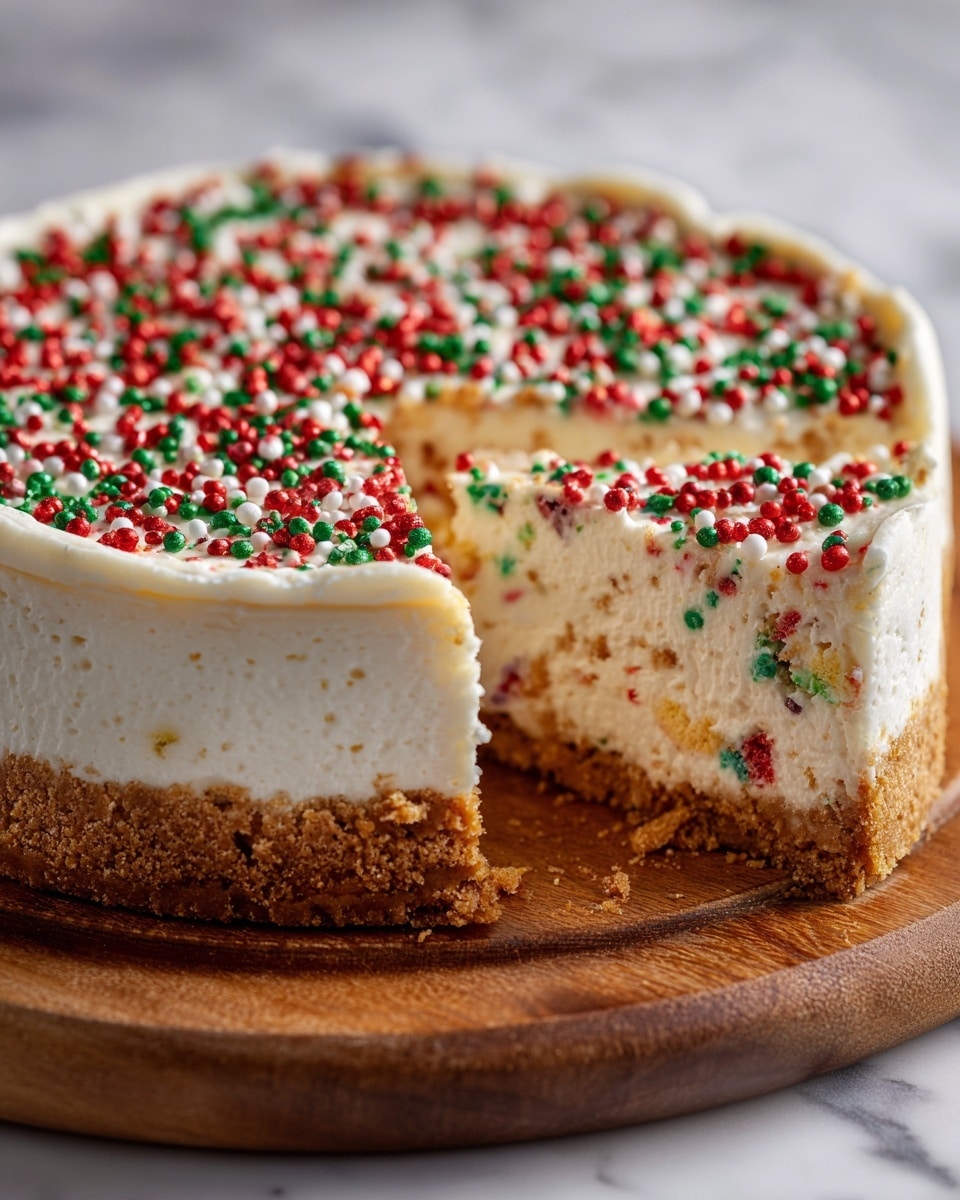 A round cheesecake on a wooden board with a smooth, creamy white filling speckled with tiny colorful bits inside. The top is covered with a thick layer of white frosting sprinkled evenly with red, green, and white small sprinkles. One slice has been removed, showing the soft texture inside. The cheesecake edges are light golden brown, contrasting with the white layers. The background is a white marbled texture. photo taken with an iphone --ar 4:5 --v 7