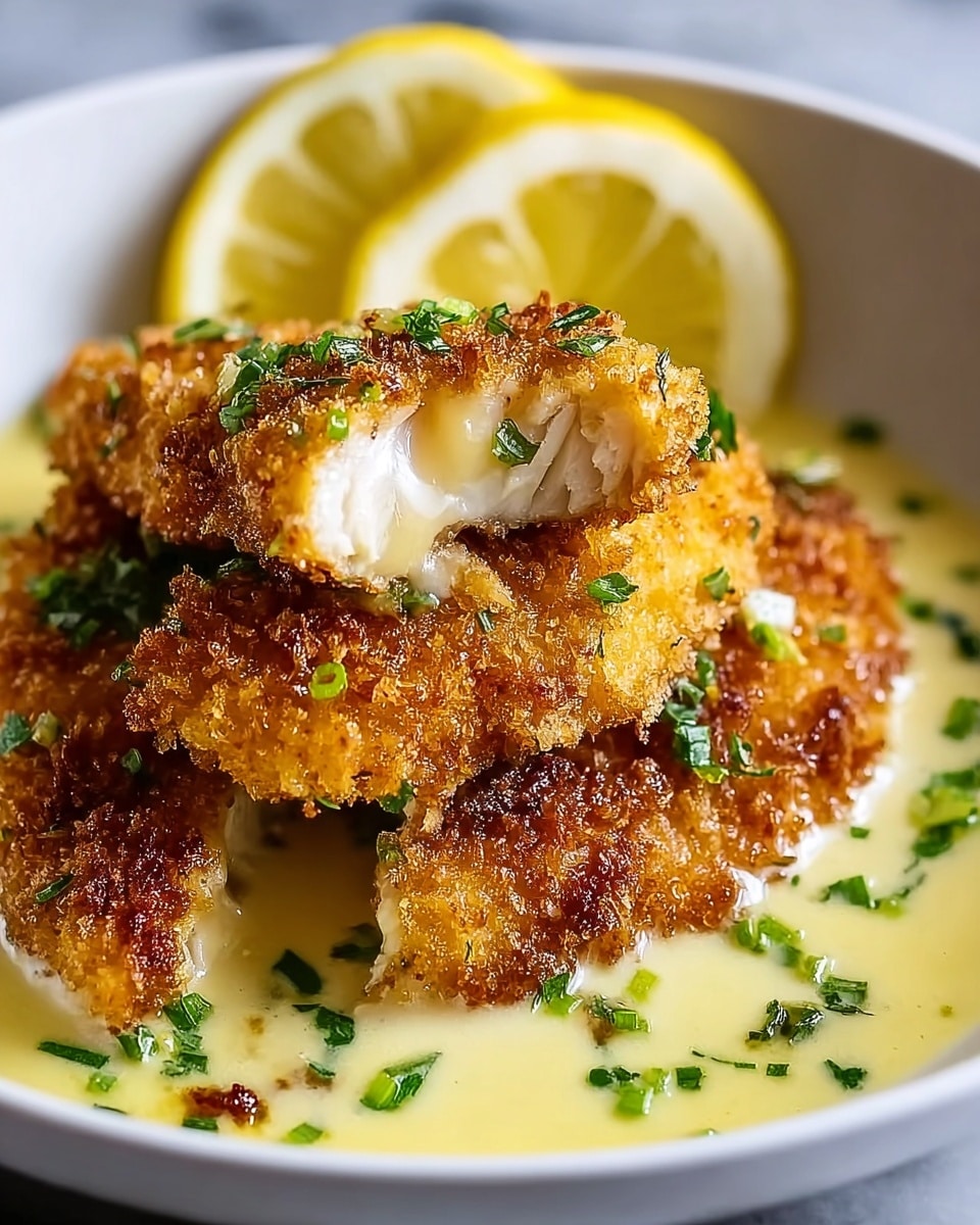 The image shows three pieces of breaded chicken cutlets with a golden-brown crispy crust, placed in a white bowl filled with a light yellow creamy sauce. One cutlet is broken open, revealing the white, tender cooked chicken inside. The sauce has a smooth texture and small green herb pieces are sprinkled on top and around the chicken. Thin slices of lemon are placed behind the cutlets, adding a bright yellow contrast. The background is a white marbled texture. photo taken with an iphone --ar 4:5 --v 7