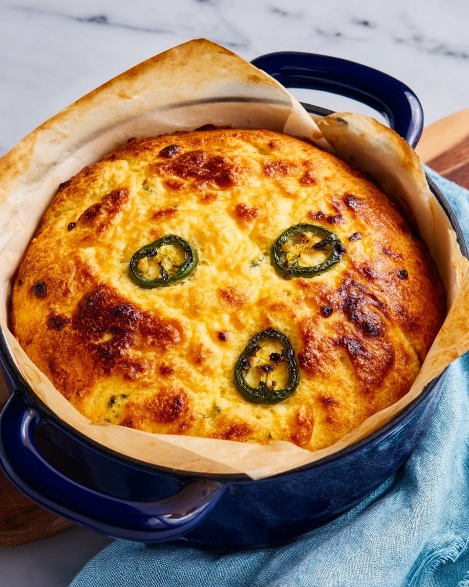 The image shows a round baked dish inside a deep, glossy blue pot lined with off-white parchment paper. The top layer is golden-brown and textured with bubbling cheese and small slightly burnt spots. There are several green jalapeno slices embedded on the surface, standing out against the golden cheese. The pot is placed on a white marbled surface with a light blue cloth nearby. photo taken with an iphone --ar 4:5 --v 7