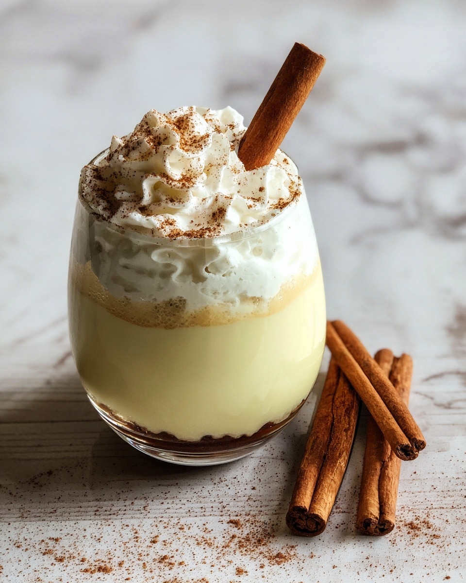 A clear glass cup holds a creamy, light beige drink topped with a thick layer of white whipped cream sprinkled with light brown cinnamon powder. A cinnamon stick is placed diagonally on the whipped cream, sticking out from the top right side. By the base of the glass, three whole cinnamon sticks lie on a wooden surface. The background is changed to a white marbled texture. photo taken with an iphone --ar 4:5 --v 7