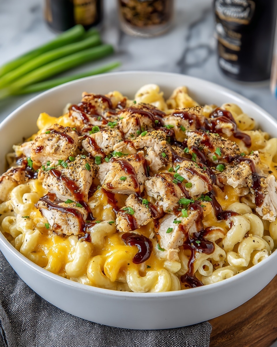 A close-up of a white bowl filled with three main layers: the bottom layer is curly elbow pasta cooked to soft texture, the middle layer is melted orange-yellow cheddar cheese mixed throughout the pasta, and the top layer is chunks of grilled chicken with a light brown sear, drizzled with dark barbecue sauce and sprinkled with small pieces of green chopped scallions, all resting on a white marbled surface. In the background, there are blurred items including small bowls with green garnish and bottles. Photo taken with an iphone --ar 4:5 --v 7