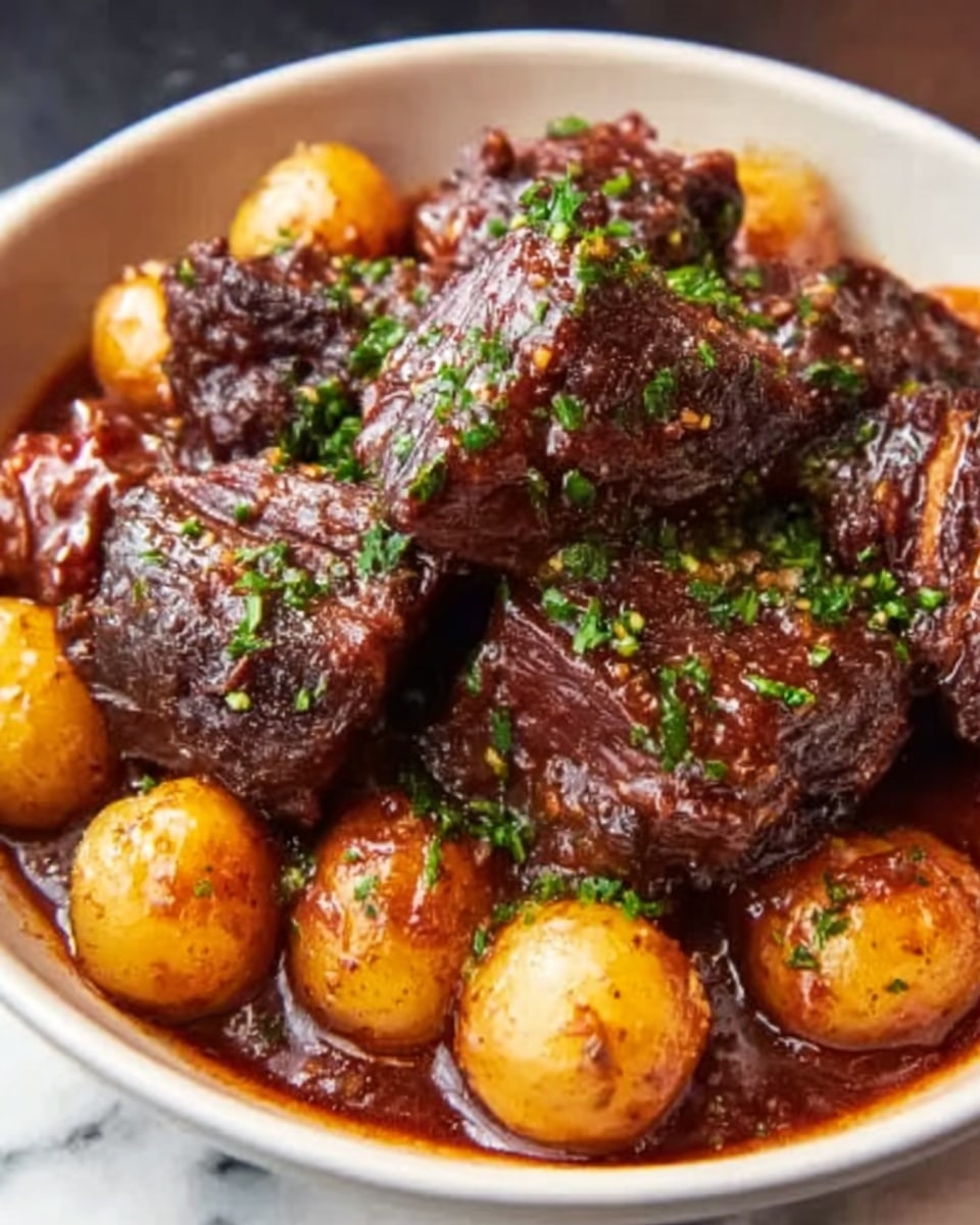 A white bowl filled with a rich stew consisting of dark brown, tender meat chunks layered on top, covered with a thick, glossy sauce speckled with fresh green chopped herbs. Around the meat, several small, smooth, golden-yellow potatoes rest at the bottom of the bowl, partially covered in the sauce. The textures show the meat as soft and fibrous, while the potatoes look smooth and firm. The background is a white marbled surface. photo taken with an iphone --ar 4:5 --v 7
