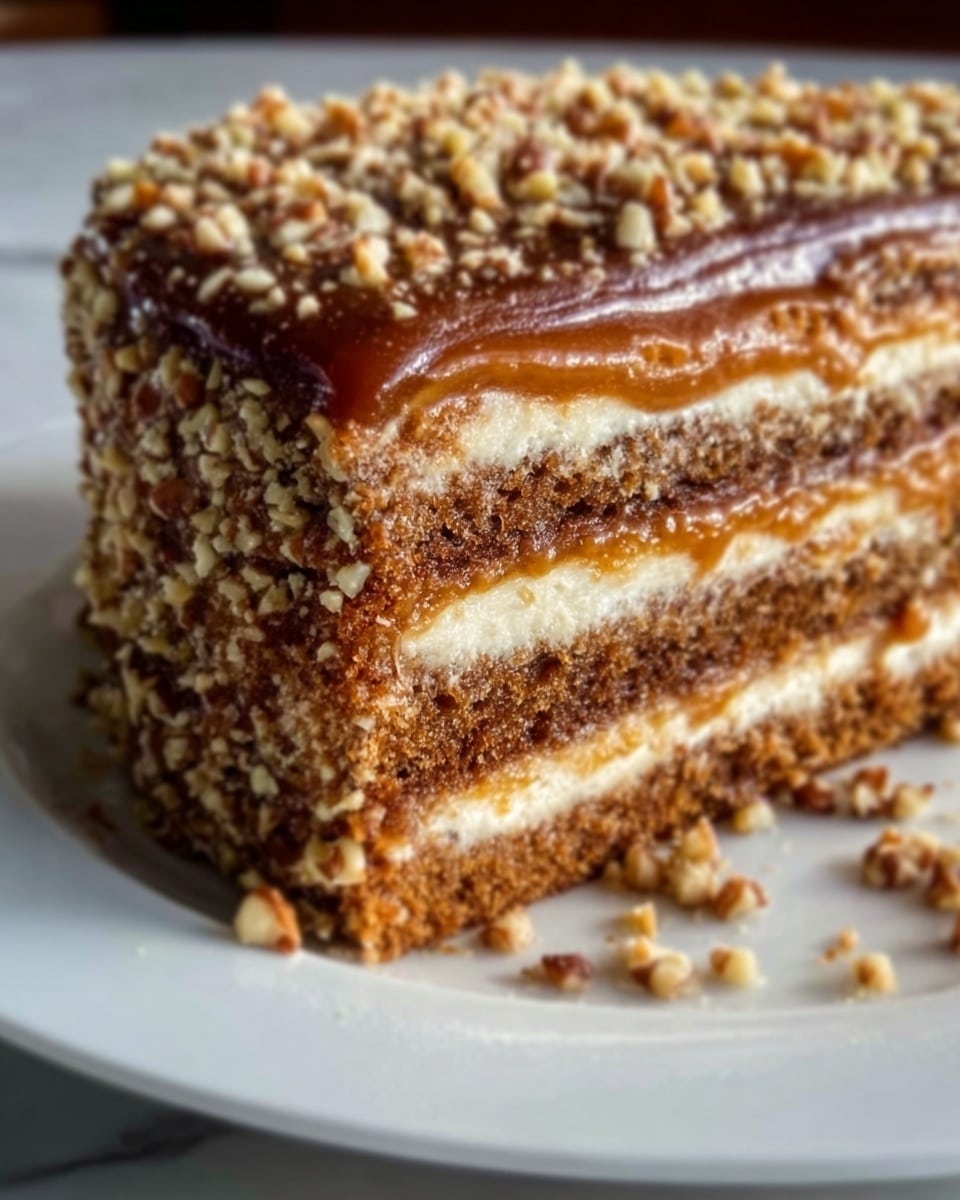 A close-up view of a multi-layered cake with five visible layers of moist, light brown cake separated by thick, creamy white frosting. The top layer is covered with a glossy caramel glaze and sprinkled generously with chopped walnuts, adding texture to the smooth surface. The cake sits on a white plate that contrasts with the rich, warm colors of the cake. Some crumbs are scattered on the plate near the cake. The background is a white marbled texture. Photo taken with an iphone --ar 4:5 --v 7
