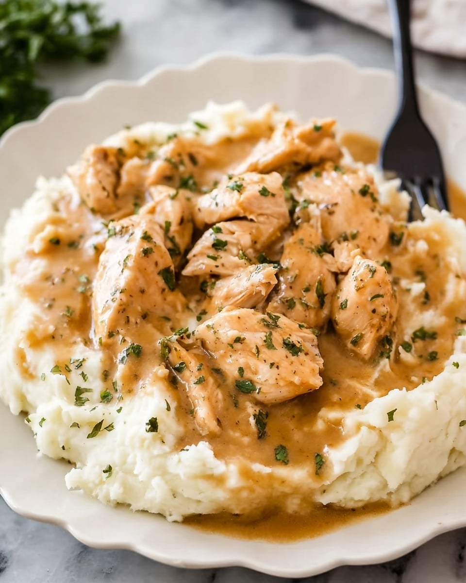 The dish shows a white scalloped plate with a base layer of creamy mashed potatoes that look smooth and fluffy, spread evenly across the plate. On top of the mashed potatoes, there are several slices of chicken covered in a light brown gravy, which has a slightly thick and glossy texture. Small green herb pieces are sprinkled over the chicken and gravy for a touch of color. In the background, a pair of black chopsticks rest against the plate. The plate is placed on a white marbled surface. photo taken with an iphone --ar 4:5 --v 7