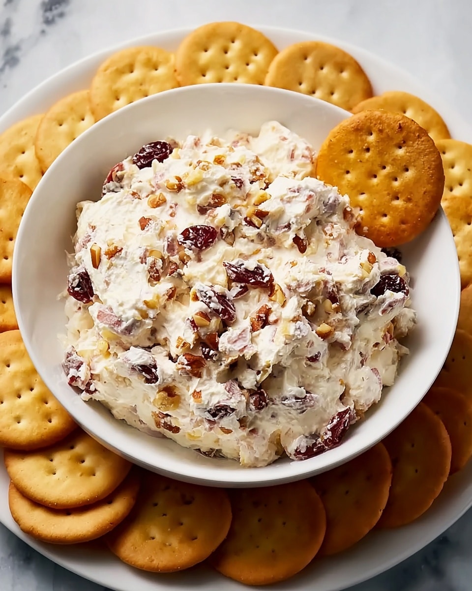 A white bowl is filled with a creamy, textured cheese spread mixed with visible pieces of red raisins and chopped light brown nuts, creating a mix of white, red, and golden-brown colors. One golden round cracker is partly dipped into the spread on the right side of the bowl. Surrounding the bowl on a white plate are multiple golden round crackers arranged in a loose circle. The entire setup sits on a white marbled surface. photo taken with an iphone --ar 4:5 --v 7