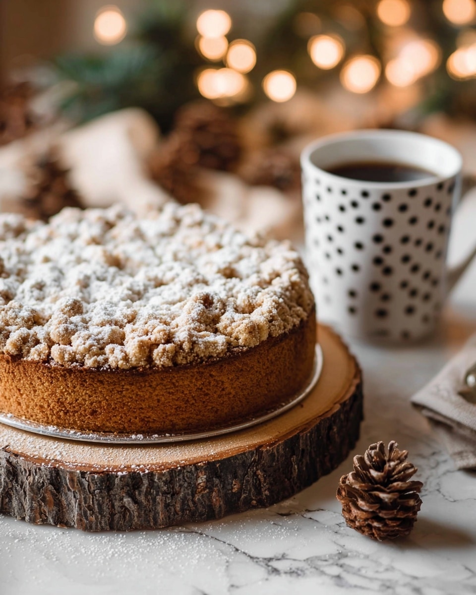 A round coffee cake with a tall, crumbly, light brown crust layer topped with a slightly cracked, uneven layer of streusel crumbs dusted with white powdered sugar, set on a wooden board resembling a tree stump; in the background, there is a white cup with a dotted pattern filled with dark hot coffee emitting steam, all placed on a white marbled surface with soft, warm fairy lights and pine cones blurred quietly behind, creating a cozy festive mood. photo taken with an iphone --ar 4:5 --v 7
