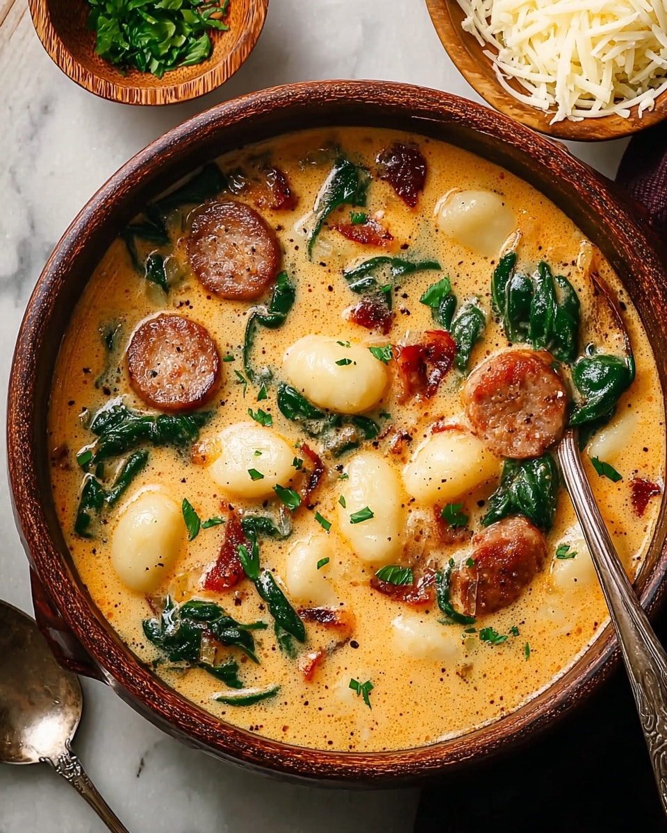 A brown rustic bowl filled with a creamy orange soup containing plump, soft white gnocchi, dark green wilted spinach leaves, and browned slices of sausage scattered throughout. There are small pieces of crispy bacon mixed in, with fresh chopped green herbs sprinkled on top. The soup has a smooth, slightly frothy texture with bits of black pepper visible. A silver spoon rests beside the bowl on a white marbled surface, and a small wooden bowl filled with shredded white cheese is placed nearby. photo taken with an iphone --ar 4:5 --v 7