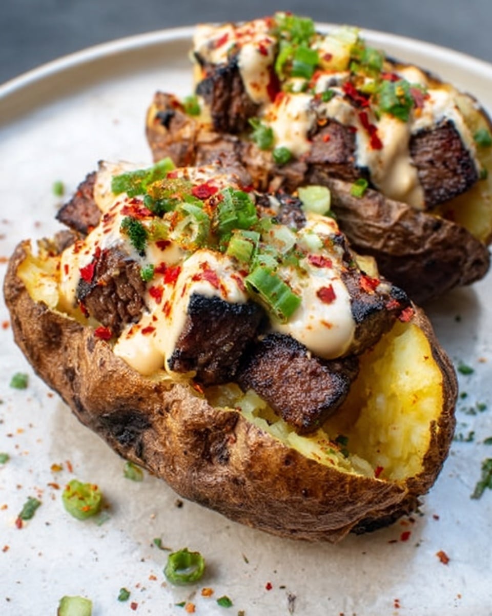 Two baked potatoes are split open on a white plate, showing their soft, fluffy yellow inside. Each potato is topped with dark brown cubes of grilled meat, scattered unevenly across the surface. Creamy, light beige sauce is drizzled generously over the meat and potato, with a slightly thick texture that clings to the toppings. Green chopped herbs and red spices are sprinkled all over, adding bright green and red flecks on top. The potato skins are rough and brown, providing a rustic contrast to the creamy sauce and rich meat. Small bits of herbs are also scattered on the white marbled surface around the plate. Photo taken with an iphone --ar 4:5 --v 7