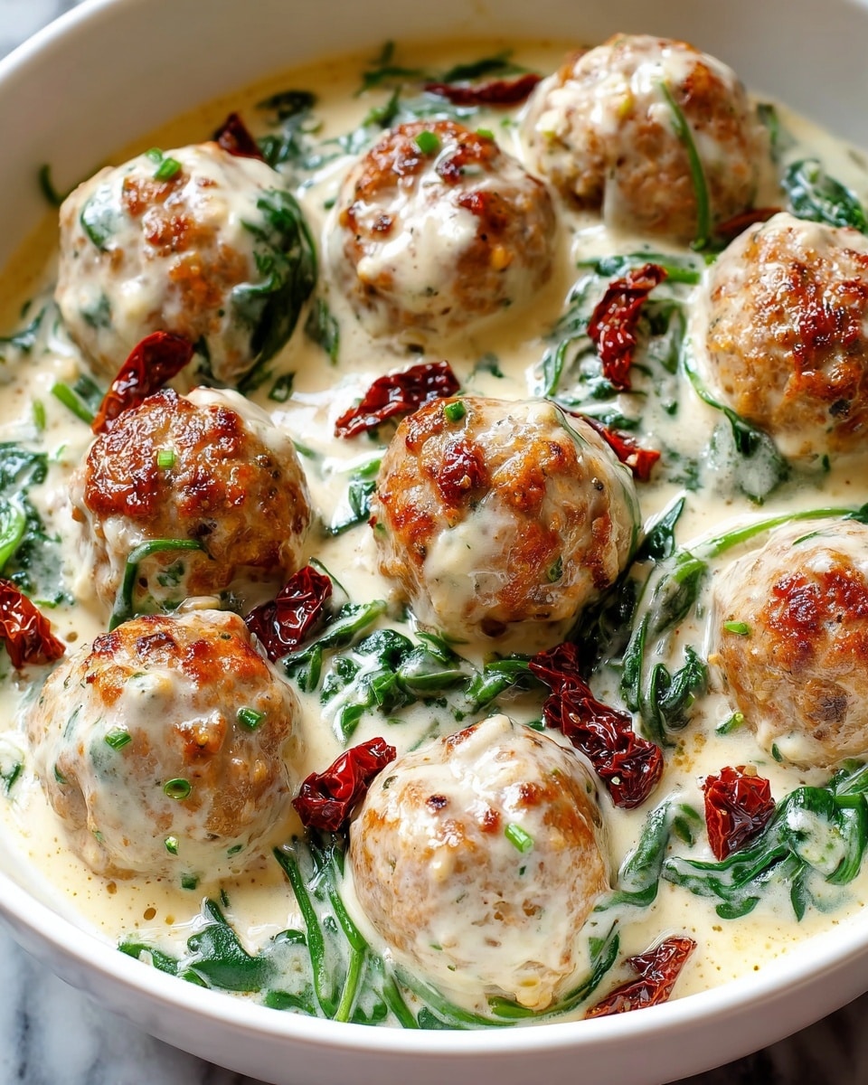 The dish shows about twelve light brown meatballs with a slightly crispy outside, each mixed with green spinach leaves and topped with small pieces of dark red sun-dried tomatoes. The meatballs sit in a creamy white sauce that has a smooth texture with hints of black pepper. The dish is served in a white bowl, all placed on a white marbled textured surface. photo taken with an iphone --ar 4:5 --v 7