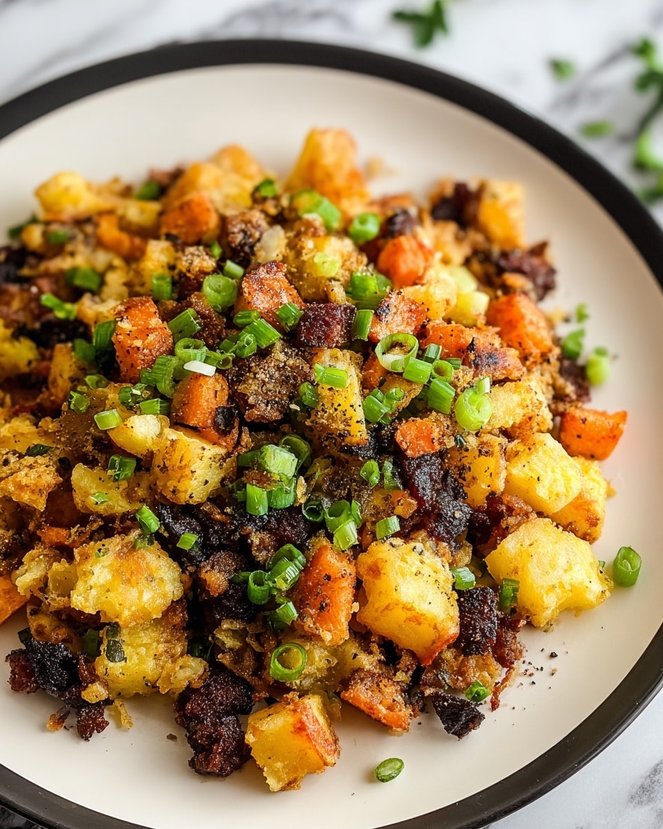 A close-up view of a mixed breakfast hash served in a white bowl, showing roughly three layers blended together: golden-brown crispy diced potatoes with a rough texture, browned small cubes of sausage or meat, and soft, lightly browned scrambled eggs. Scattered evenly throughout the dish are small green onion pieces and fresh cilantro leaves, adding bright green color and freshness. The dish is sprinkled with black pepper for a speckled look. The background is a white marbled surface, and part of a woman's hand holding wooden chopsticks is seen at the top right. Photo taken with an iphone --ar 4:5 --v 7