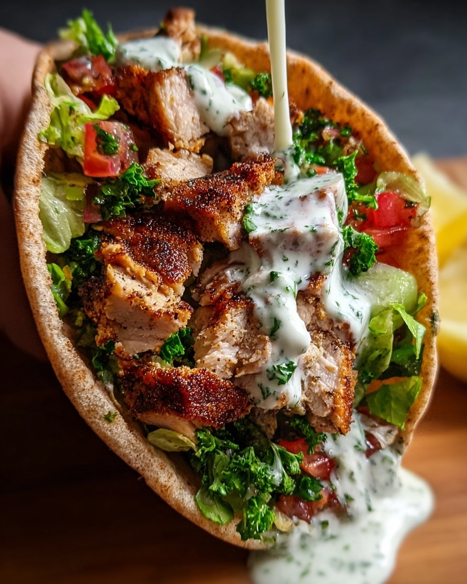 A close-up view of a pita wrap showing several visible layers: the outer layer is a warm, slightly toasted pita bread that is light brown with darker spots, wrapped into a cone shape to hold the ingredients inside; inside the pita, there is a mix of green leafy lettuce and chopped parsley, giving a fresh and crisp texture; on top of the greens, there are thick pieces of grilled chicken with a golden-brown, slightly charred surface and juicy, tender white meat inside; creamy white sauce with green herbs is being poured over the chicken, dripping down the sides of the pita wrap; the wrap is placed on a wooden board with a blurred white marbled texture background; photo taken with an iphone --ar 4:5 --v 7