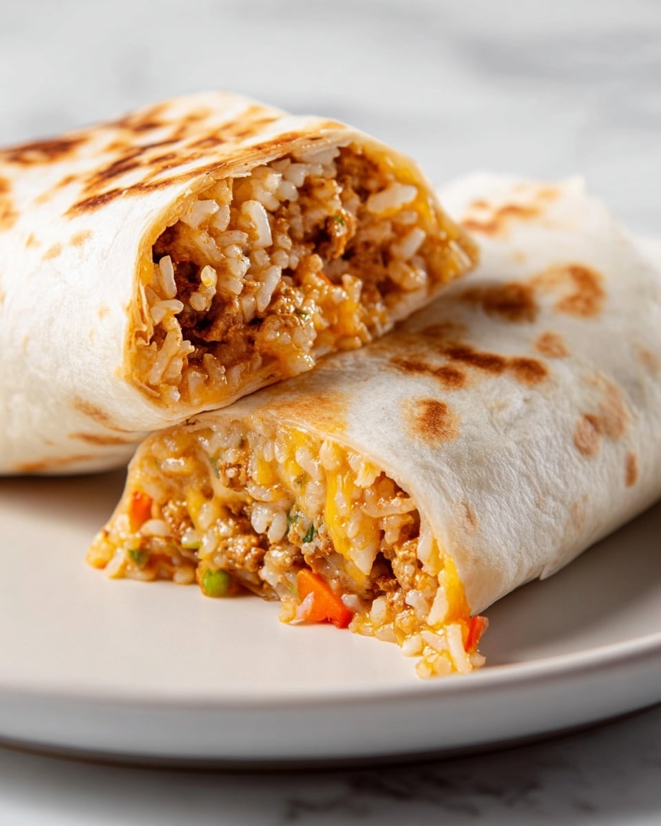 The image shows a close-up of a burrito cut in half, placed on a white plate with a white marbled texture surface beneath. The burrito is made of a light golden-brown grilled tortilla wrap with some darker toasted spots on the outside. Inside, there are two main layers: the first layer is cooked rice mixed with small pieces of orange and green vegetables, giving a textured grainy appearance with scattered bits of color; the second layer consists of melted cheese strands that are light yellow and slightly stringy, blending into the rice filling. The burrito halves sit close together, revealing the filling clearly while the edges of the wrap look soft and slightly folded over the filling. Photo taken with an iphone --ar 4:5 --v 7