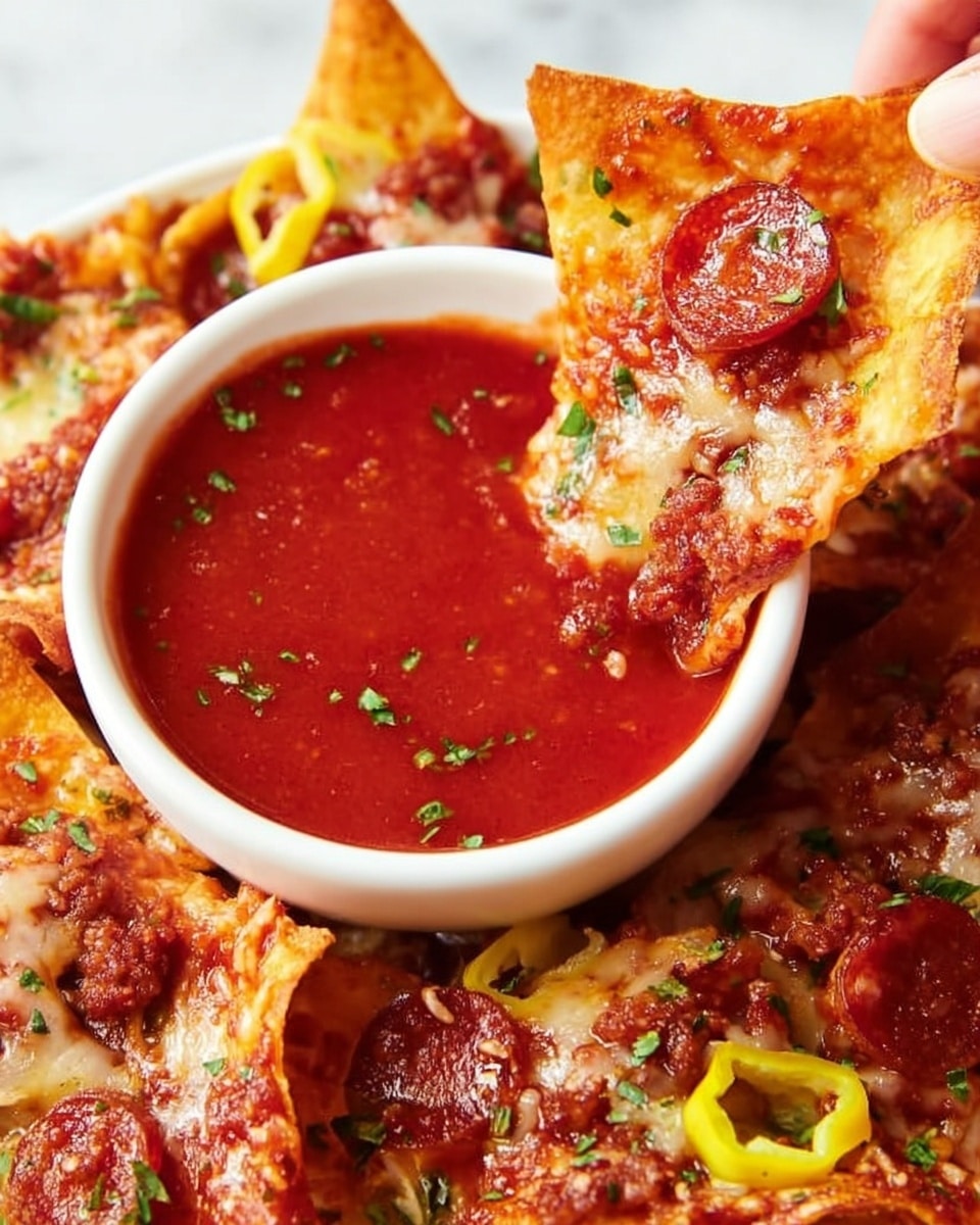 A white bowl filled with thick red marinara sauce sits in the center of the image, surrounded by triangular toasted chips layered with melted cheese, small crumbled bits of cooked sausage, and round slices of pepperoni featuring a glossy, slightly oily texture. The chips are garnished with small pieces of green herbs and yellow pepper rings scattered around. One triangular chip dipped partly into the sauce is held by a woman's hand, showing the details of the toppings and crispy edges. The whole setup is placed on a white marbled surface. photo taken with an iphone --ar 4:5 --v 7