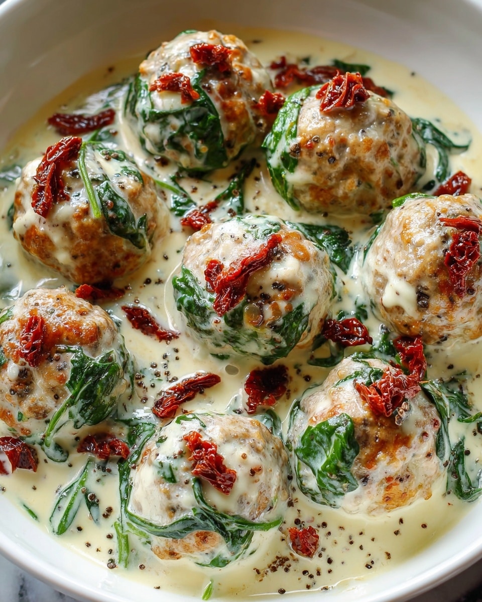 A close-up top view of a pan filled with round meatballs, each golden brown with a slightly crispy texture on top, covered with creamy white sauce; the sauce is thick with visible specks of green herbs and includes wilted dark green spinach leaves spread unevenly around the meatballs, all sitting in a smooth white creamy base. The pan has a shiny metal rim and handle, and the whole scene is set on a white marbled surface. photo taken with an iphone --ar 4:5 --v 7