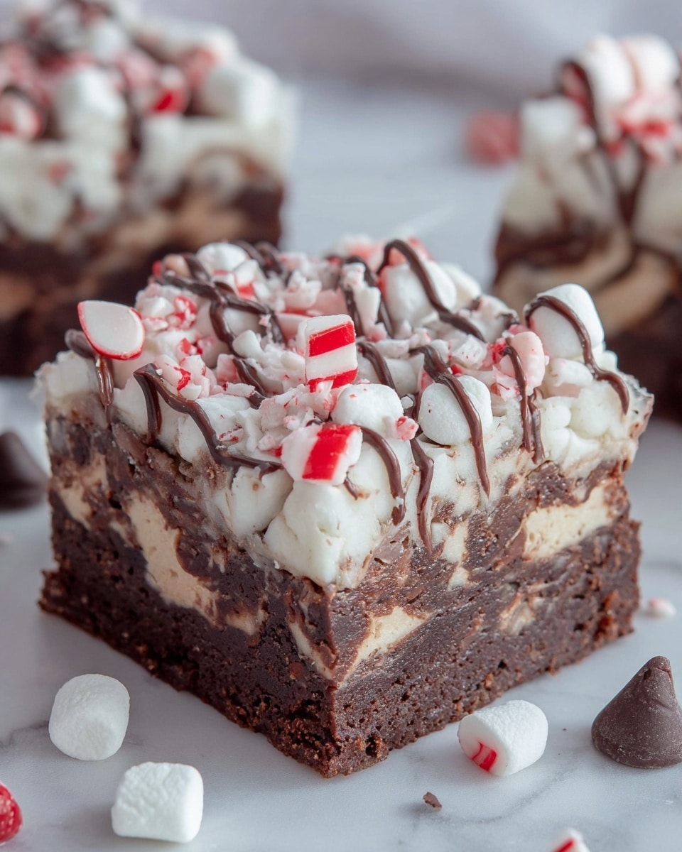 A close-up view of a square dessert bar with three layers: the bottom layer is dense and dark brown, looking fudgy with a rough texture; the middle layer is lighter brown with white bits mixed in; the top layer is a thick layer of white marshmallows that are slightly melted and puffed up, sprinkled with small red and white crushed peppermint pieces; thin dark brown chocolate drizzle runs over the top and down the sides; the dessert sits on a white marbled surface with scattered smashed peppermint bits and a single chocolate chip nearby, with another similar bar blurred in the background. photo taken with an iphone --ar 4:5 --v 7