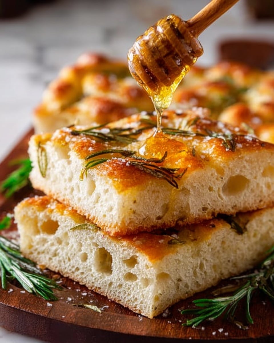 The image shows two square pieces of focaccia stacked on top of each other on a wooden board, with a soft and airy texture visible inside the bread. The top layer is golden brown with a slightly crispy crust, and sprinkled with coarse salt and green rosemary sprigs. A wooden honey dipper held by a woman's hand is dripping clear honey onto the top piece, adding a shiny, sticky glaze to the surface. More rosemary sprigs are scattered around the bread, all set on a white marbled textured surface. Photo taken with an iphone --ar 4:5 --v 7