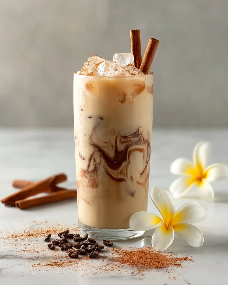 The image shows a tall clear glass filled with an iced creamy beige drink. Inside the drink, there are thin swirling dark brown lines that create a marbled effect around the middle and upper layers. The top layer has ice cubes floating and is dusted lightly with a brown powder. Two cinnamon sticks are standing upright in the drink on the right side. The glass is placed on a white marbled surface, surrounded by three white and light yellow flowers, a small pile of brown powder, and a few cloves. In the background, two more cinnamon sticks are visible. Photo taken with an iphone --ar 4:5 --v 7