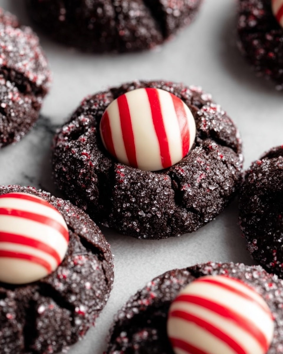 The image shows close-up dark chocolate cookies with a rough, cracked surface, dusted lightly with powdered sugar. Each cookie has a single white and red-striped peppermint candy placed in the center, with the candy having a smooth, glossy texture and a small peak on top. The cookies are arranged closely together on a white marbled surface, highlighting their dark brown color and the bright contrast of the peppermint candy. photo taken with an iphone --ar 4:5 --v 7