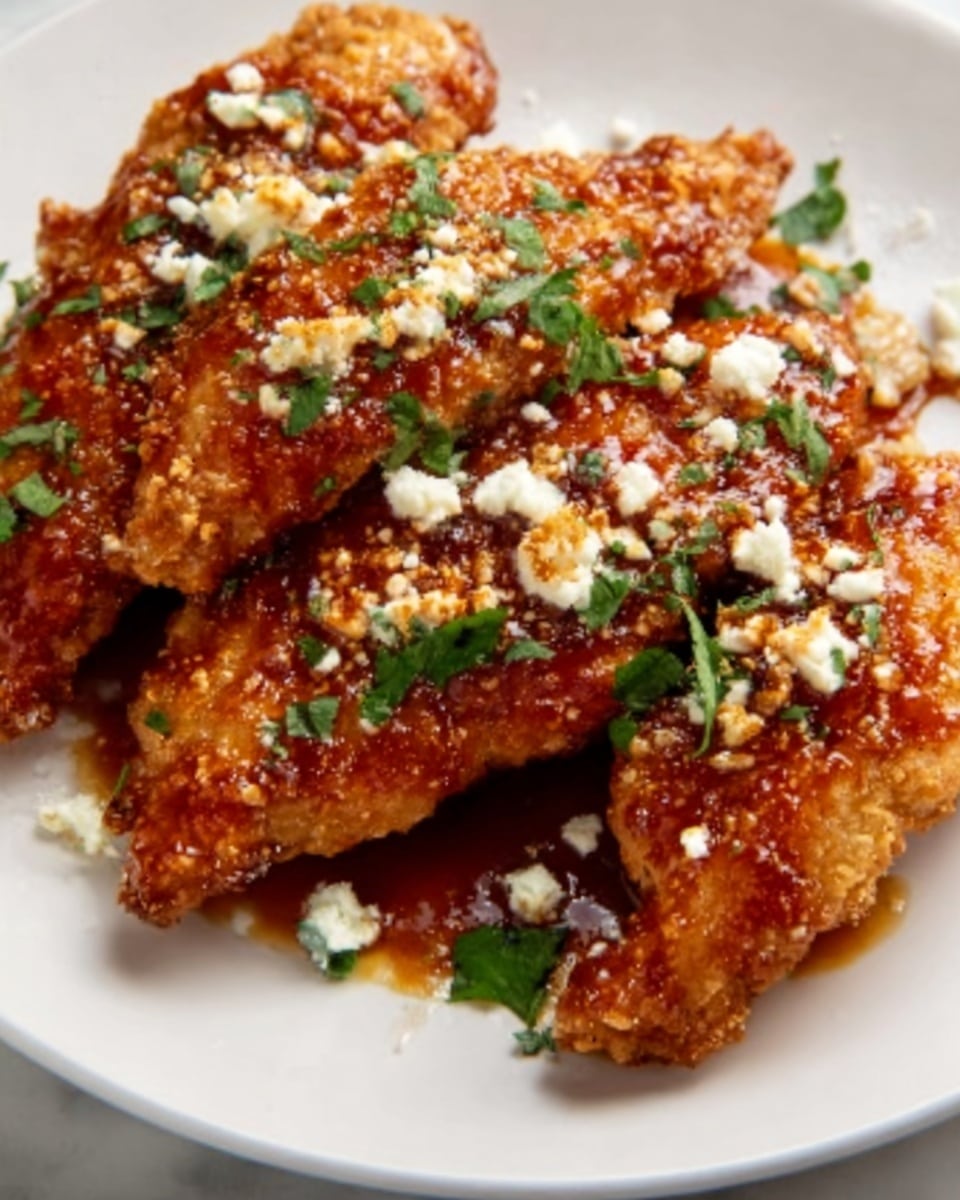 The image shows three golden brown chicken cutlets arranged closely on a white plate. Each cutlet is coated in a crispy, crunchy breading with a textured surface. On top of the chicken, there are small white crumbles of cheese scattered unevenly. Bright green fresh herbs, likely chopped basil or parsley, are sprinkled over the cutlets. The cutlets sit in a thin layer of glossy, dark sauce that pools slightly around the edges. The background is a white marbled surface. Photo taken with an iphone --ar 4:5 --v 7