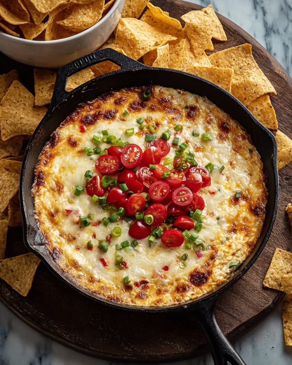 A black cast iron skillet holds a two-layered baked dip: the bottom layer is creamy with bits of red and green vegetables mixed throughout, topped by a golden-brown melted cheese layer with browned spots giving a bubbly texture. At the center, there is a pile of halved bright red cherry tomatoes and chopped green onions scattered over the cheese. The skillet sits on a wooden board on a white marbled surface, surrounded by large, triangular yellow corn chips. A white bowl filled with more yellow corn chips is partially visible in the upper right corner. photo taken with an iphone --ar 4:5 --v 7