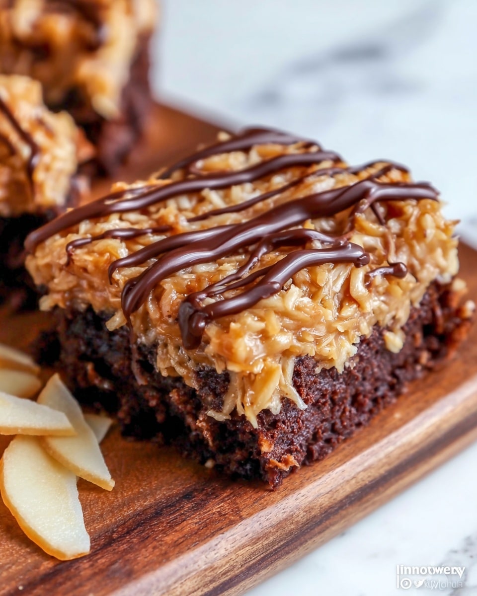 The image shows a square piece of chocolate cake with a thick layer of caramel-colored topping mixed with shredded coconut, covering the entire surface. Three irregular lines of dark brown chocolate drizzle run across the top from one side to the other. The cake has a moist, dense texture with visible chocolate chunks or chips in the crumb. It is placed on a wooden board with some light-colored, thin slices of fruit or chips off to the side. The background is a white marbled texture. Photo taken with an iphone --ar 4:5 --v 7