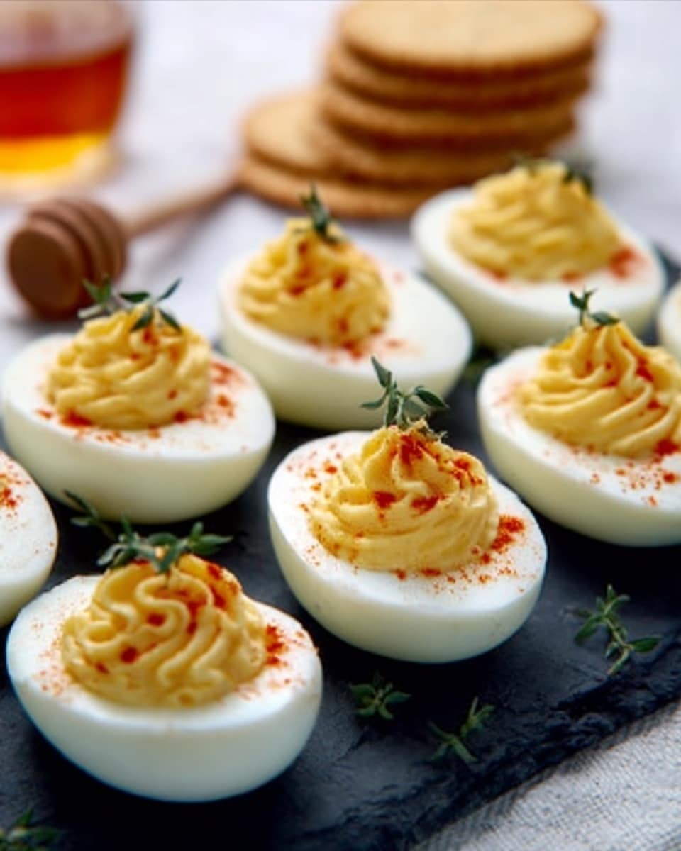 The image shows eight deviled egg halves neatly arranged on a black serving board with a handle, placed on a white marbled textured surface with a gray-striped cloth beneath. Each egg half has a smooth white outer layer with a creamy yellow yolk filling piped in a swirled shape at the center. The yolk filling is sprinkled with reddish-orange paprika and topped with small green herb sprigs, adding a fresh touch. In the background, there is a rustic wooden honey dipper and some stacked round crackers, softly blurred, enhancing the focus on the eggs. A glass with amber liquid is also visible in the upper left corner, slightly out of focus. photo taken with an iphone --ar 4:5 --v 7