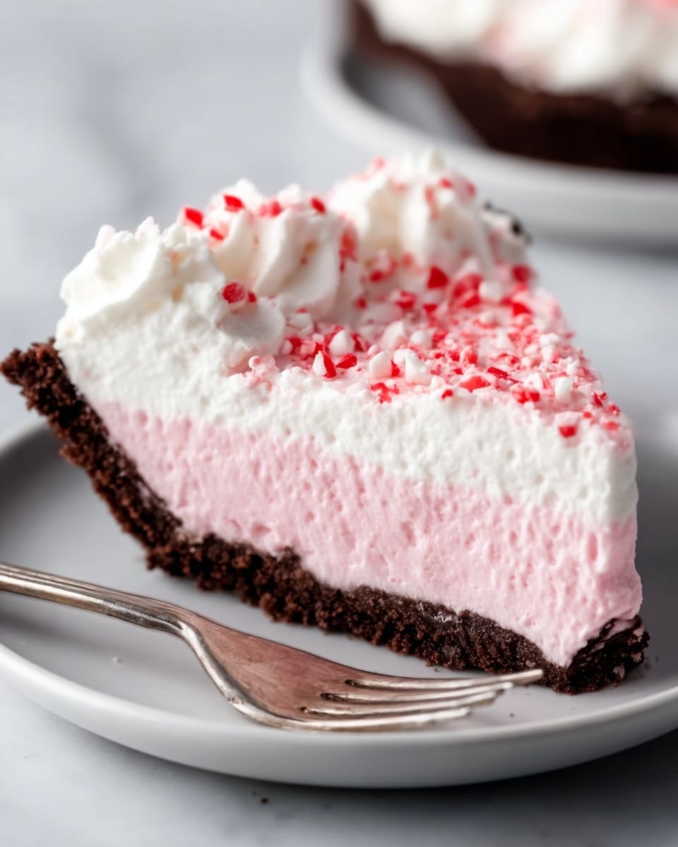 The image shows a slice of pie with three layers on a white plate. The bottom layer is a dark brown crumbly crust, the middle layer is a thick, smooth light pink filling, and the top layer is white whipped cream with small red bits sprinkled all over. A silver fork rests on the plate near the pie slice. The background is a white marbled texture. Photo taken with an iphone --ar 4:5 --v 7