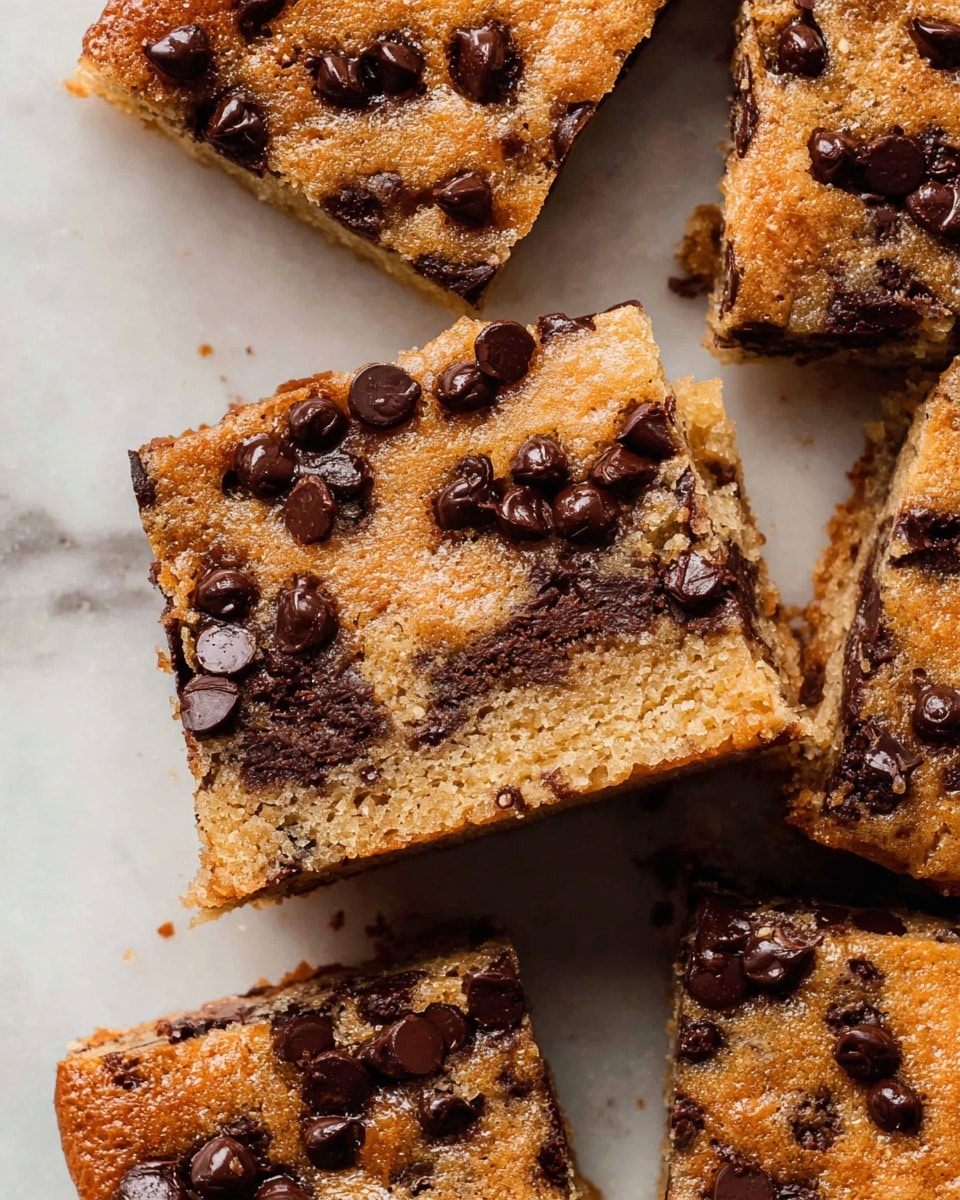 The image shows a close-up of several square pieces of golden brown chocolate chip blondies arranged on a white marbled surface. Each piece is thick with a soft, moist texture and is covered generously with melted dark chocolate chips that glisten slightly. One piece is placed diagonally on top of the others, exposing its dense inside, which is light tan with chocolate chips spread evenly throughout. The top surface of the blondies is slightly crisp with chocolate chips embedded, adding texture and richness. photo taken with an iphone --ar 4:5 --v 7