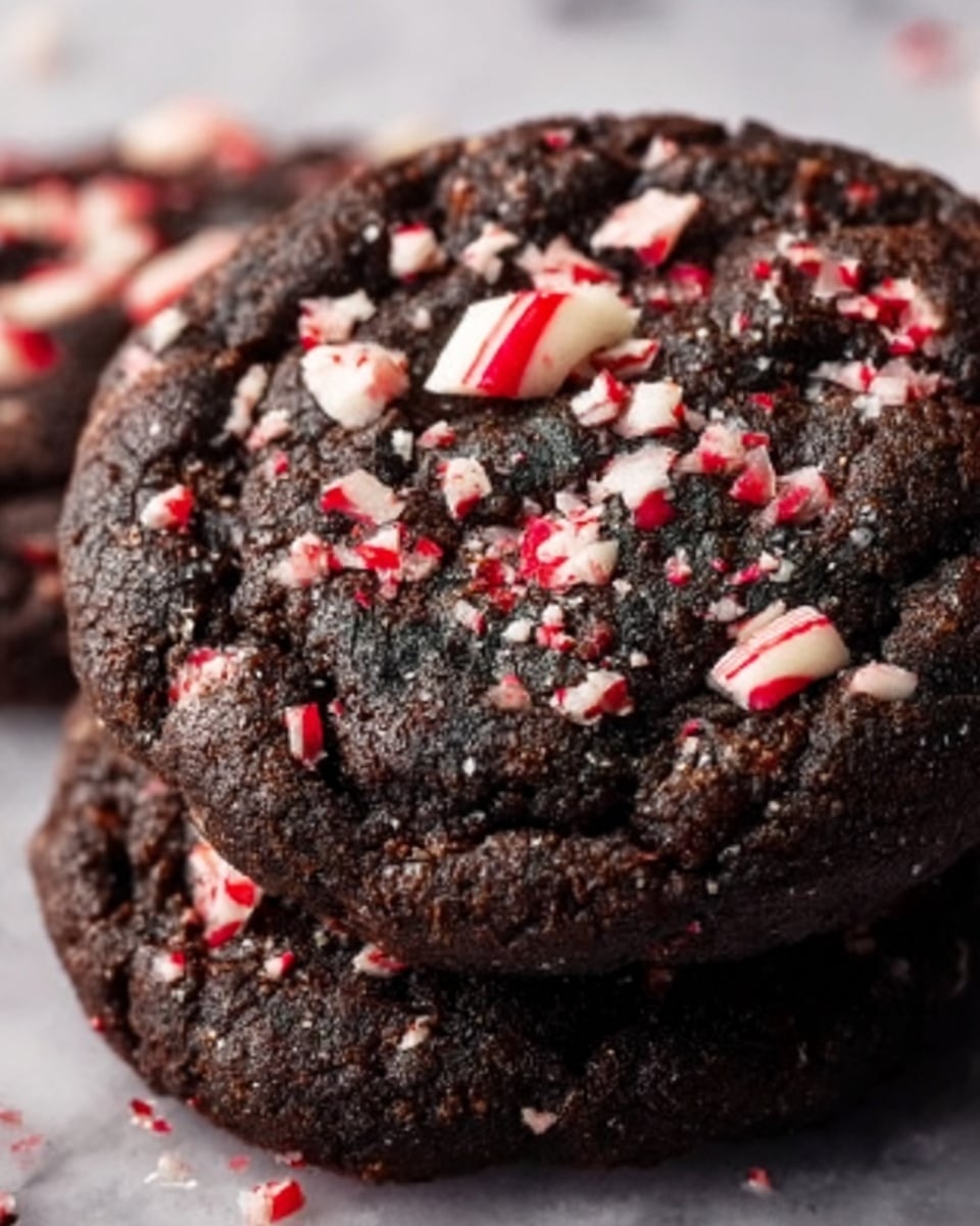 A close-up of a dark chocolate cookie topped with white and red crushed candy pieces, showing a rough and crumbly texture with bits of candy scattered on top. The cookie appears thick and soft with visible cracks and tiny sugar crystals. The background is a white marbled texture. photo taken with an iphone --ar 4:5 --v 7