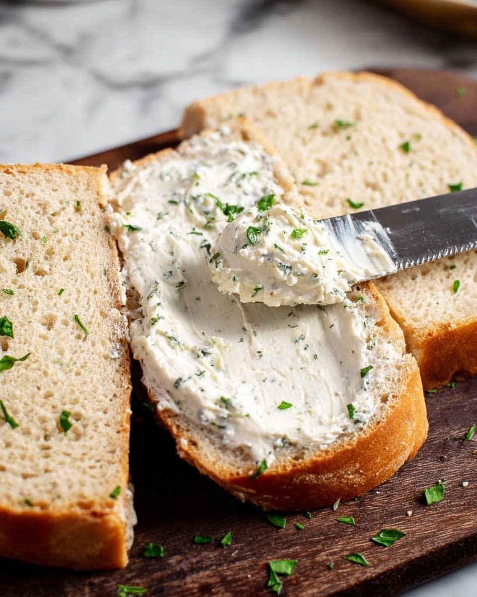 The image shows three slices of soft, light brown bread with a slightly rough texture on a dark wooden board. The top slice has a creamy white spread being applied with a silver knife, creating a smooth layer with tiny green herb bits visible within the spread. Small chopped green herbs are sprinkled on and around the bread on the board, adding contrast to the beige and white tones. The background is a white marbled texture, enhancing the focus on the bread and spread. photo taken with an iphone --ar 4:5 --v 7