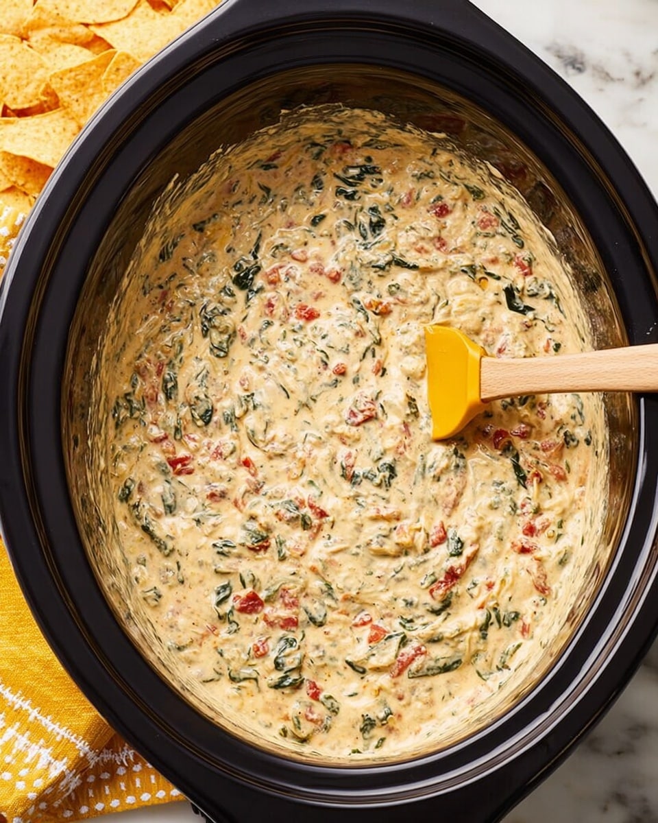 Inside a black slow cooker, there is a creamy dip that fills the pot almost to the top. The dip has a thick, smooth texture with visible chunks of green leafy vegetables and small pieces of red roasted tomatoes spread throughout. A wooden spatula with a yellow silicone edge rests in the dip, slightly lifted as if stirring. The slow cooker is placed on a bright yellow cloth with a white stitched pattern, all set on a white marbled surface. photo taken with an iphone --ar 4:5 --v 7