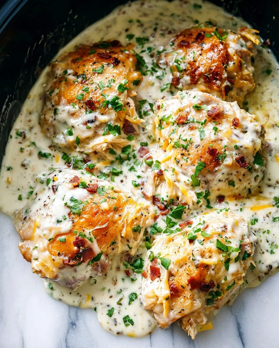 The image shows four pieces of golden-brown roasted chicken covered in a creamy white sauce with small brown specks, scattered with finely chopped green herbs on top. The chicken pieces are plump and juicy with a slightly crispy texture on the outside, and the sauce smoothly coats each piece, pooling slightly around the sides. The overall look is rich and appetizing with a mix of smooth and crisp textures visible. The dish is set against a white marbled texture background. photo taken with an iphone --ar 4:5 --v 7