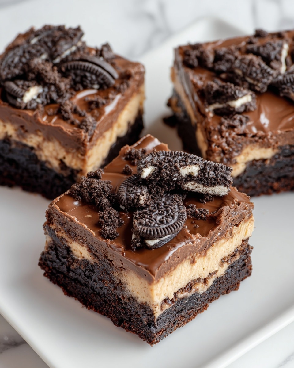 The image shows close-up views of three square brownie pieces on a white plate, all topped with chunks of dark chocolate cookie pieces and a glossy layer of dark chocolate ganache. Each brownie is made of three layers: a bottom dense dark brown brownie base, a middle creamy light beige cheesecake layer, and a rich dark chocolate ganache on top, decorated with broken cookie bits that add texture. The cookies have a mix of black and light brown crumbly parts that contrast with the shiny smoothness of the ganache. The white plate sits on a white marbled surface. photo taken with an iphone --ar 4:5 --v 7